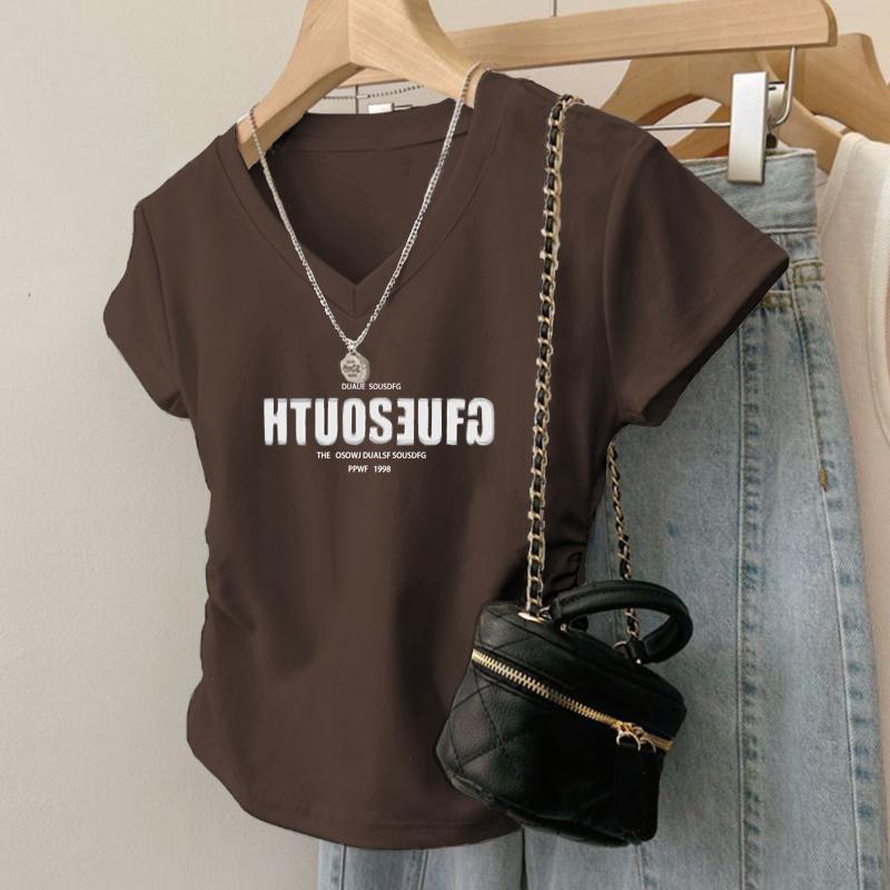 เสื้อยืดทรงจีบธรรมดาสำหรับผู้หญิง เสื้อผู้หญิง เสื้อคอวี ผอมเพรียว เสื้อทรงซ้อ  ชุดคนอ้วนไซซ์ใหญ่เสื้อผ้าสาวอวบแฟชั่น เส