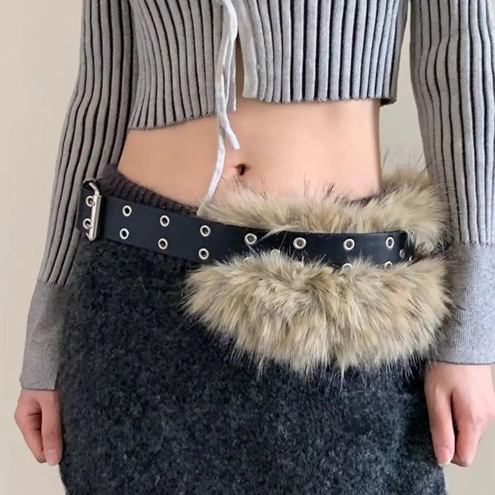 ACTINIDIA เข็มขัดเอวแบบแฟชั่นปรับได้ ออกแบบด้วยหนังและตกแต่งด้วยขน faux fur สไตล์ Y2K สำหรับสาวๆ - รูปที่ 2
