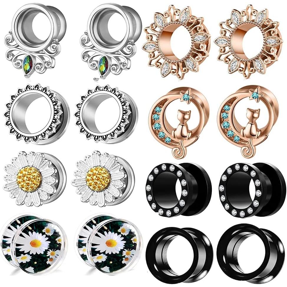 8 Pairs Ear Gauges For Women Black Internally Flare Earrings Plugs Gauges For Ear Stainless Steel Pl