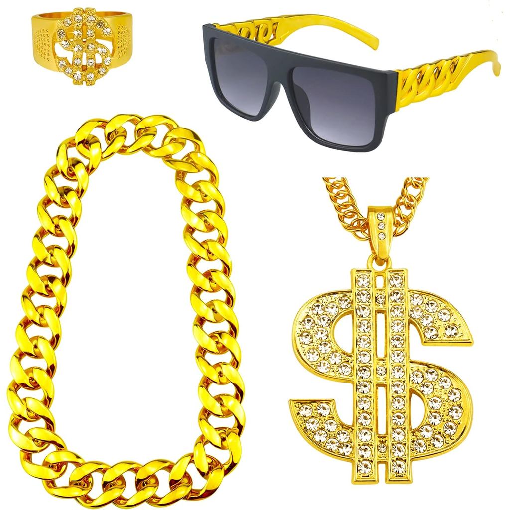 4 Pack 80s 90s Hip Hop Costumes Outfit, Fake Gold Chain Money Chain, Twist Leg Punk Sunglasses, Doll