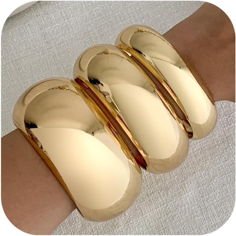 Chunky Gold Bracelets for Women Trendy Wide Wrist Silver Bangles Bracelet Stack Statement Bangle Fas