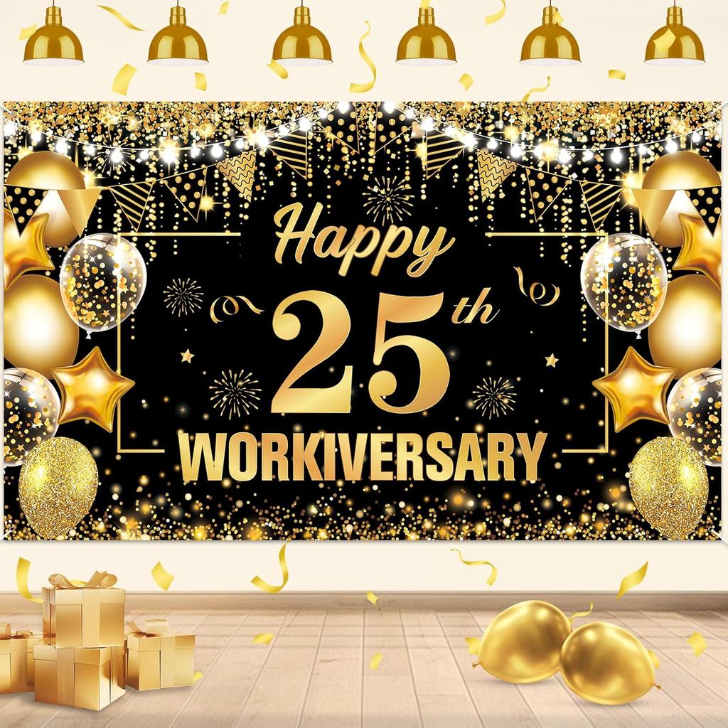 25 Year Work Anniversary Decorations Happy 25th Workiversary Banner Black Gold Happy 25th Work Anniv