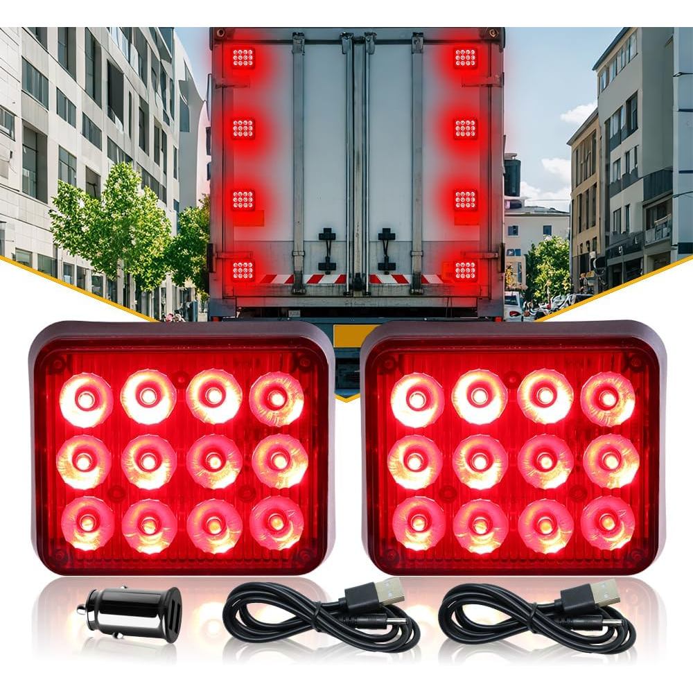 2PCS Magnetic Trailer Lights, Red Beacon Wireless Magnetic Strobe Lights Rechargeable Emergency Warn