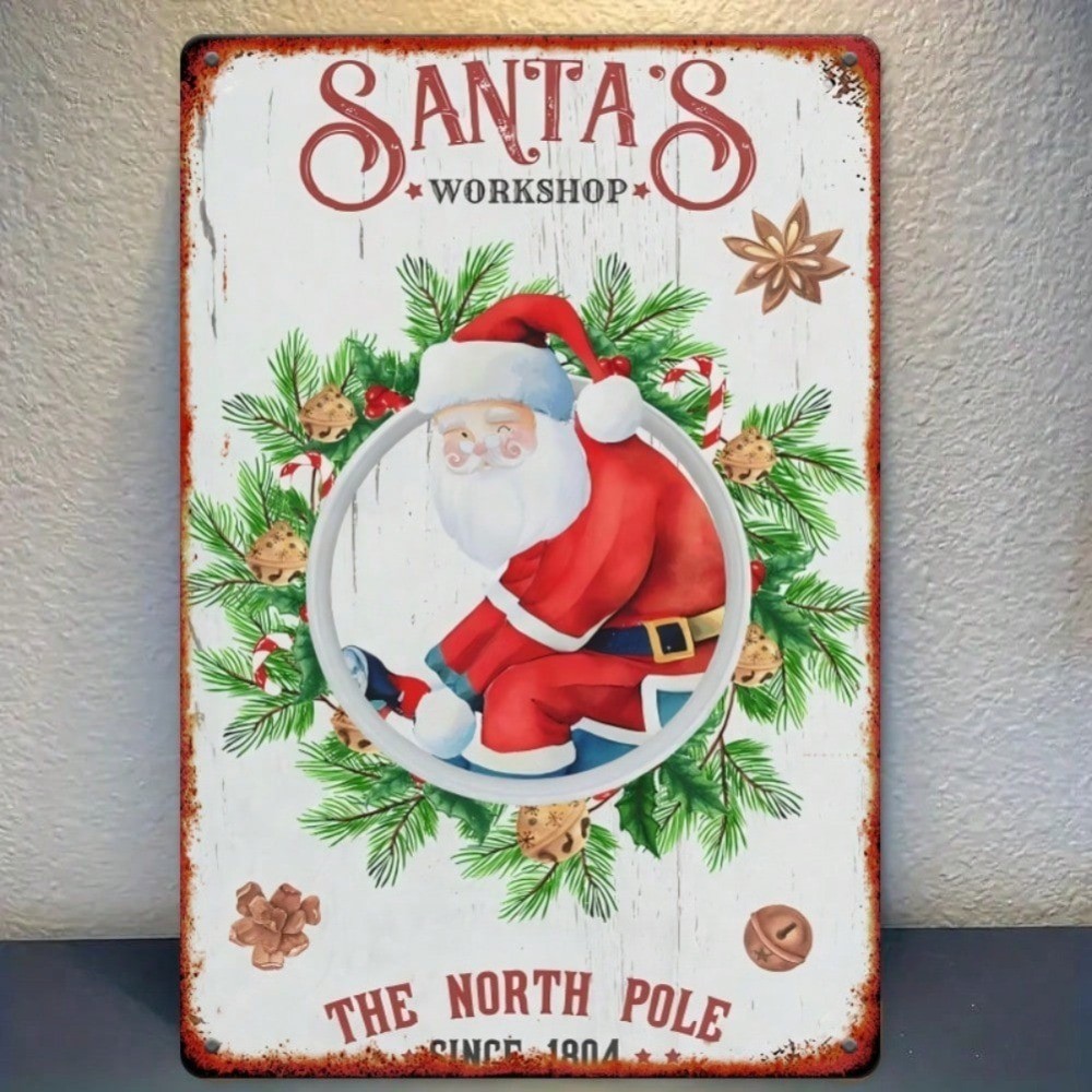 Vintage North Pole Santa Workshop ป้ายดีบุกโลหะ 8X12 นิ้ว Merry Christmas Party Decor สําหรับ Home B