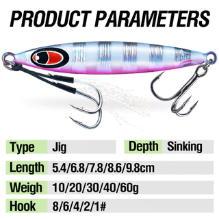เหยื่อล่อตกปลา Luminous Fishing Jig ขนาด 10g-60g ทำจากโลหะ พร้อมตะขอคม ใช้สำหรับตกปลาแบบ Jigging และการแคสติ้ง มีให้เลือก 5 สี