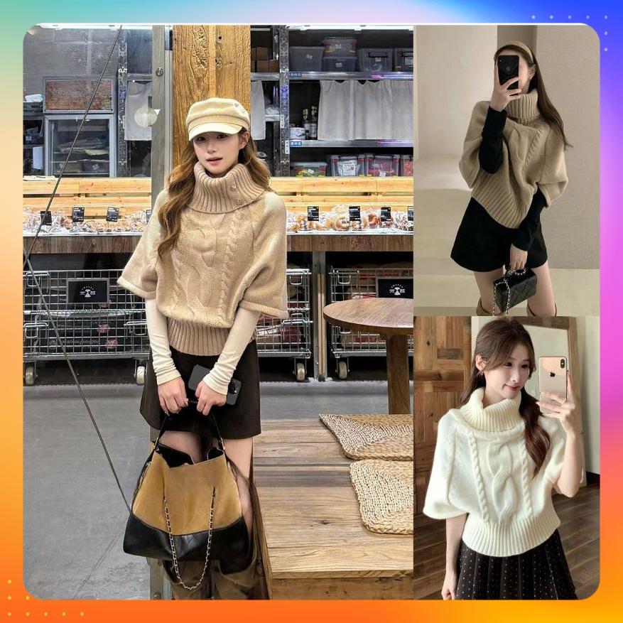 [P467] เสื้อสเวตเตอร์ผู้หญิง Montoghi พร้อม BAT SLEEVES และคอปกคอเต่าหรือผสมผสานไหล่แบนสําหรับฤดูใบไ