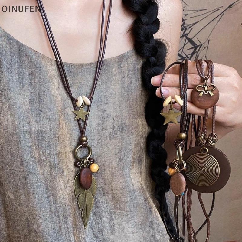ONU Vintage Boho โลหะ Feather สร้อยคอผู้หญิงโบราณยาวโซ่จี้ Handmade Statement เครื่องประดับชั้นอุปกร
