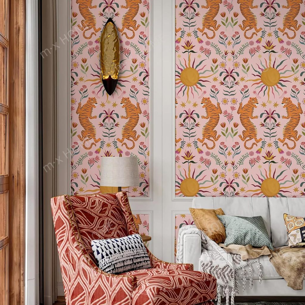 วอลล์เปเปอร์เสือสีชมพู - Tropical Boho กระดาษติดผนังแบบมีกาวในตัวแบบถอดได้สําหรับห้องนอน,ห้องนั่งเล่น,ตกแต่งผนัง DIY กันน้ํา