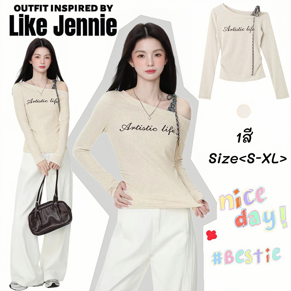 Jennie🥜เตรียมส่ง🧀เสื้อครอบรูปสีเทาแบบปรัด สไตล์Y2Kแฟชั่นเกาหลี เสื้อแขนยาวผู้หญิงลำลอง ดีไซน์ปาดไหลข้างเดียวพร้อมเชื่อ
