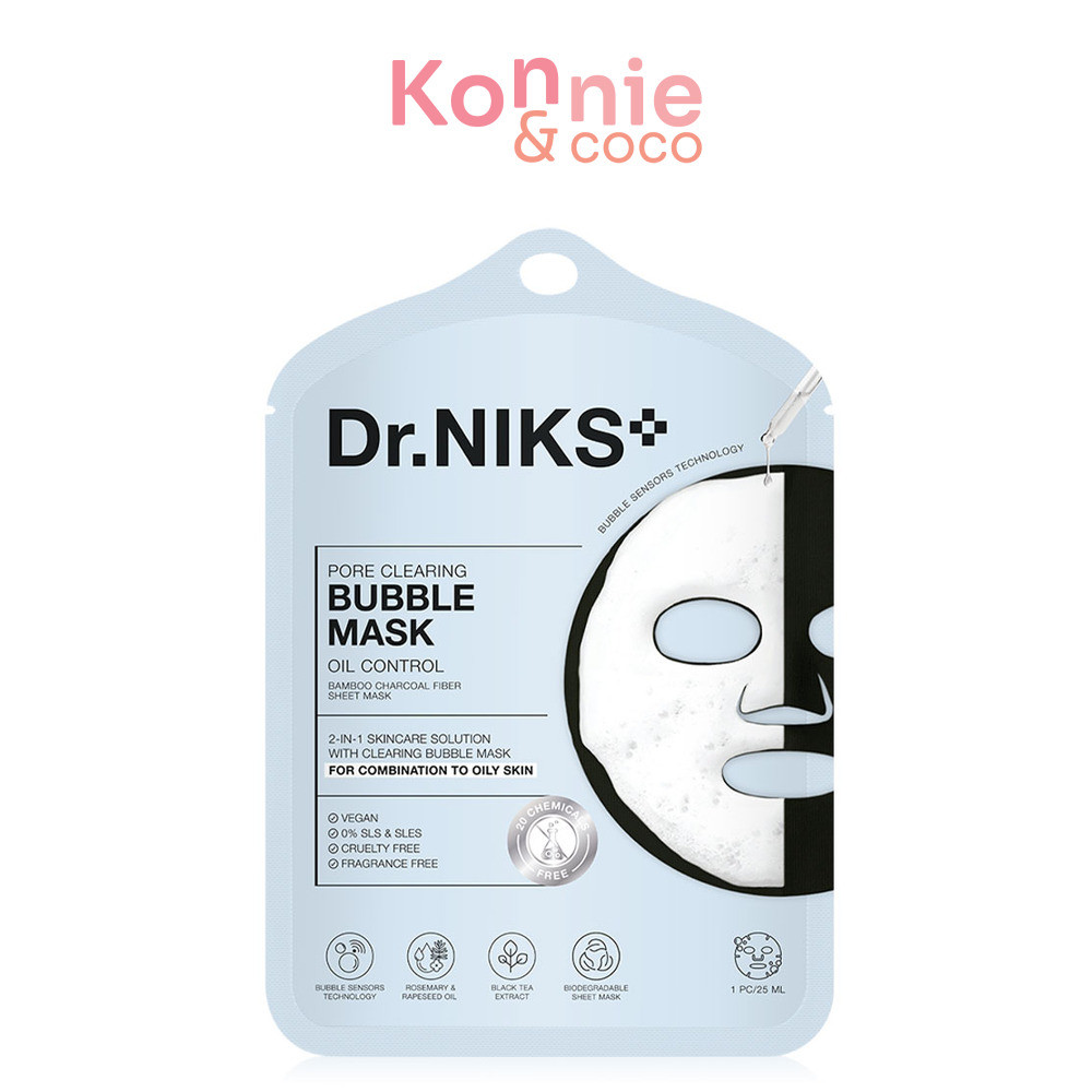 Dr.Niks Pore Clearing Bubble Mask Oil Control 25ml ดร.นิกส์ แผ่นมาสก์ฟองล้างหน้า สูตร Oil Control.