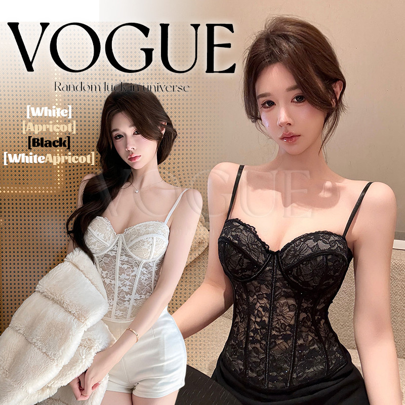 Vogue🌟พร้อมส่ง🌟 เสื้อสายเดี่ยว ลายลูกไม้ เสริมฟองน้ำในตัว ทรงรัดรูป (FY1966)