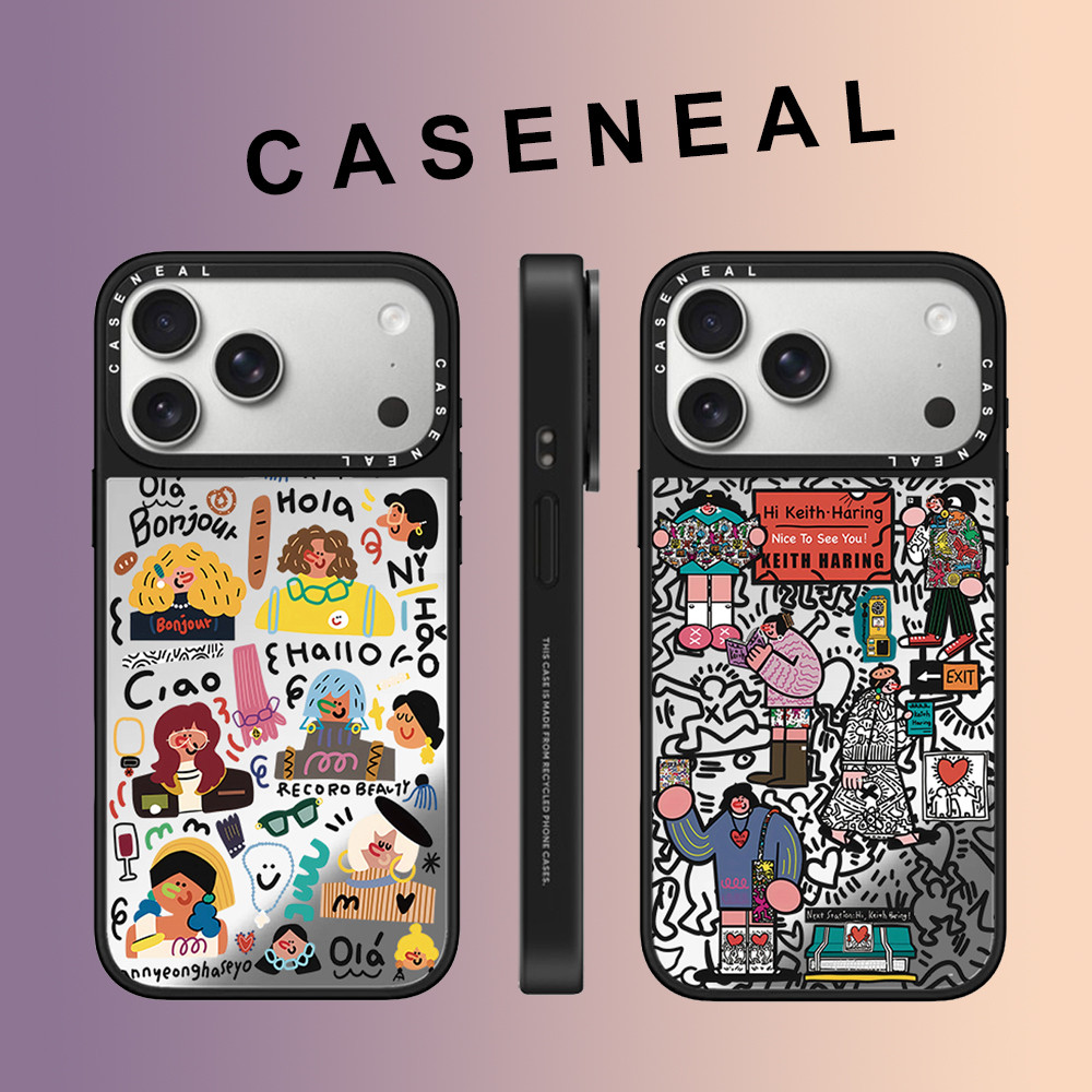 CASENEAL Graffiti Happy Girl Label กระจกใบหน้าเคสโทรศัพท์สําหรับ iPhone 17 Pro Max 16 ProMax 15Pro 14 Plus 13 12 11 โทรศัพท์กันกระแทกขอบนุ่มฮาร์ดป้องกันกรณี