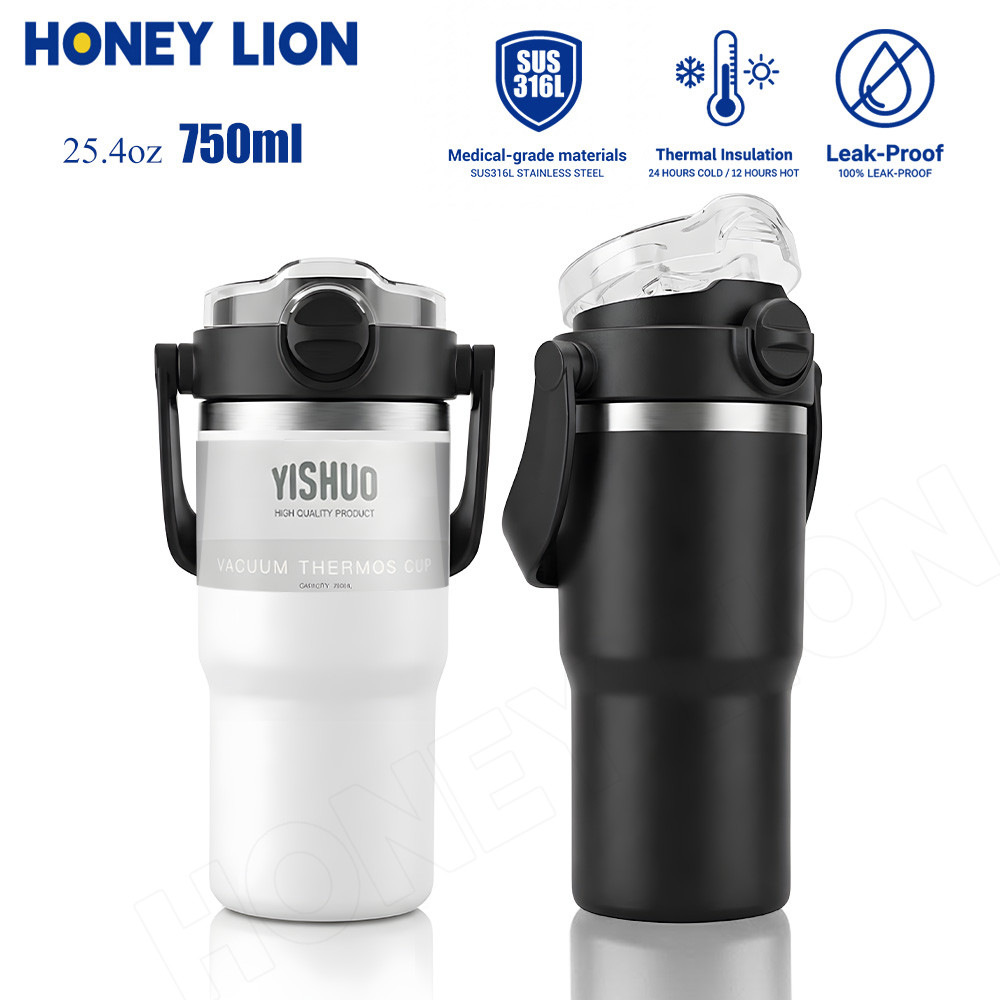 HoneyLion แก้วน้ําฉนวนสุญญากาศขนาด 750 มล. พร้อมที่จับ - ป้องกันการรั่วเก็บความเย็น 12ชม. | 316 Stainless Steel, BPA-Free, Dual Drinking Modes & Non-Slip Base