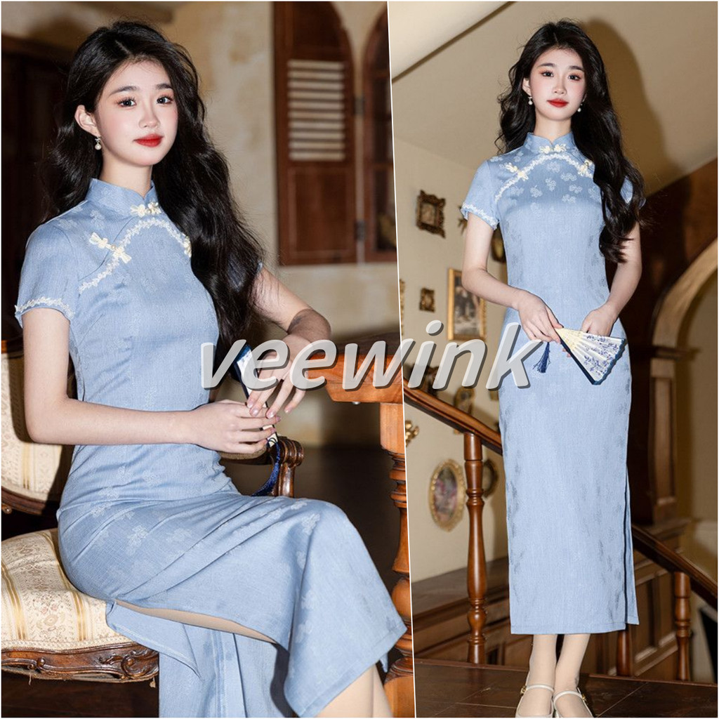 Veewink เดรสกี่เพ้า ชุดกี่เพ้าปรับปรุงใหม่สีน้ำเงิน สไตล์จีนใหม่ ใส่ได้ทุกวัน เหมาะสำหรับสาวน้อยวัยรุ่น ชุดเดรสสวยงามมาก