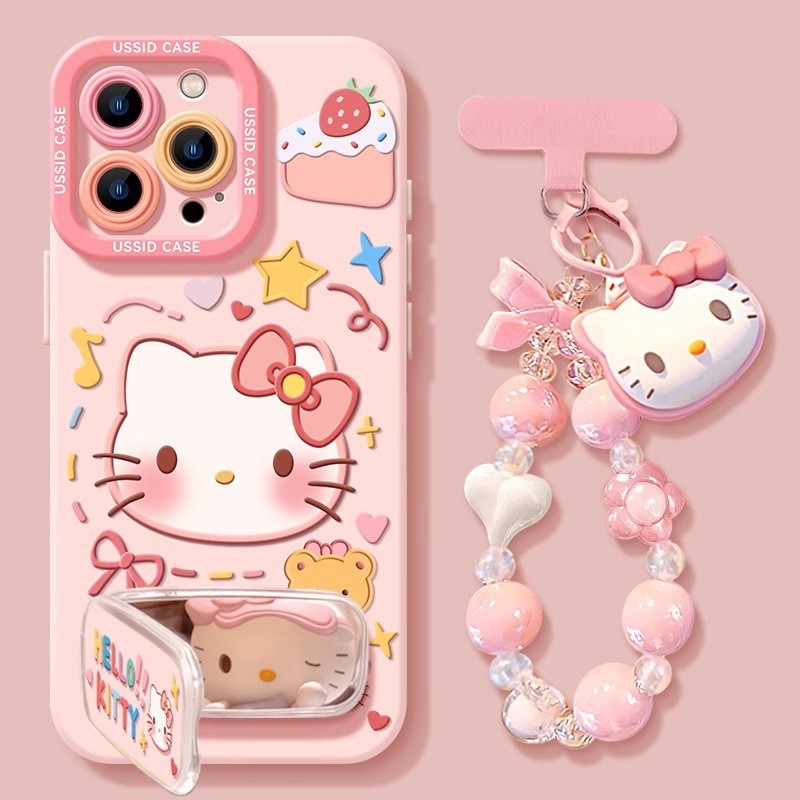 [จัดส่งรวดเร็วรูปแบบใหม่] Pink kitty Cat Apple iPhone17promax/16/15Promax เคสโทรศัพท์พร้อมกระจกโซ่ iPhone14/13/12 กันกระแทกรวมทุกอย่าง