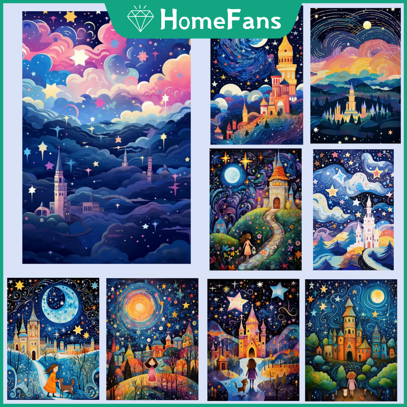 HF Wonderland ภาพวาดปราสาท 5D DIY ภาพวาดเพชรรอบเพชร Rhinestone Cross Stitch Home Wall ตกแต่ง Unframed Art หัตถกรรมชุด