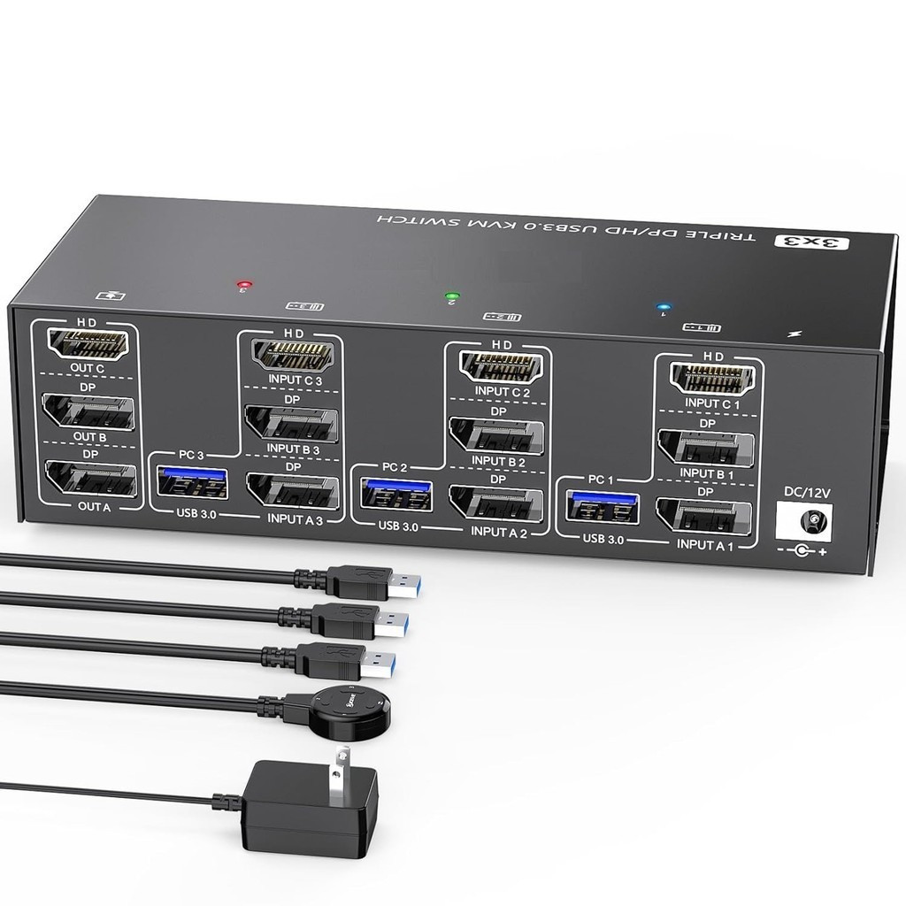 ⭐⭐KCEVE KVM Switch 3 คอมพิวเตอร์ 3 จอภาพ HDMI + DisplayPort USB 3.0 KVM Switcher 8K@30Hz/4k@144Hz Tr