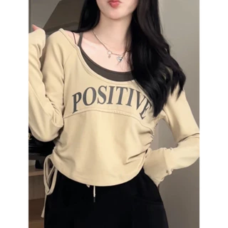 Solovely ผู้หญิง ผ้าฝ้าย เสื้อ สไตล์เกาหลี พิมพ์ลาย หลวม แขนยาว เสื้อยืด
