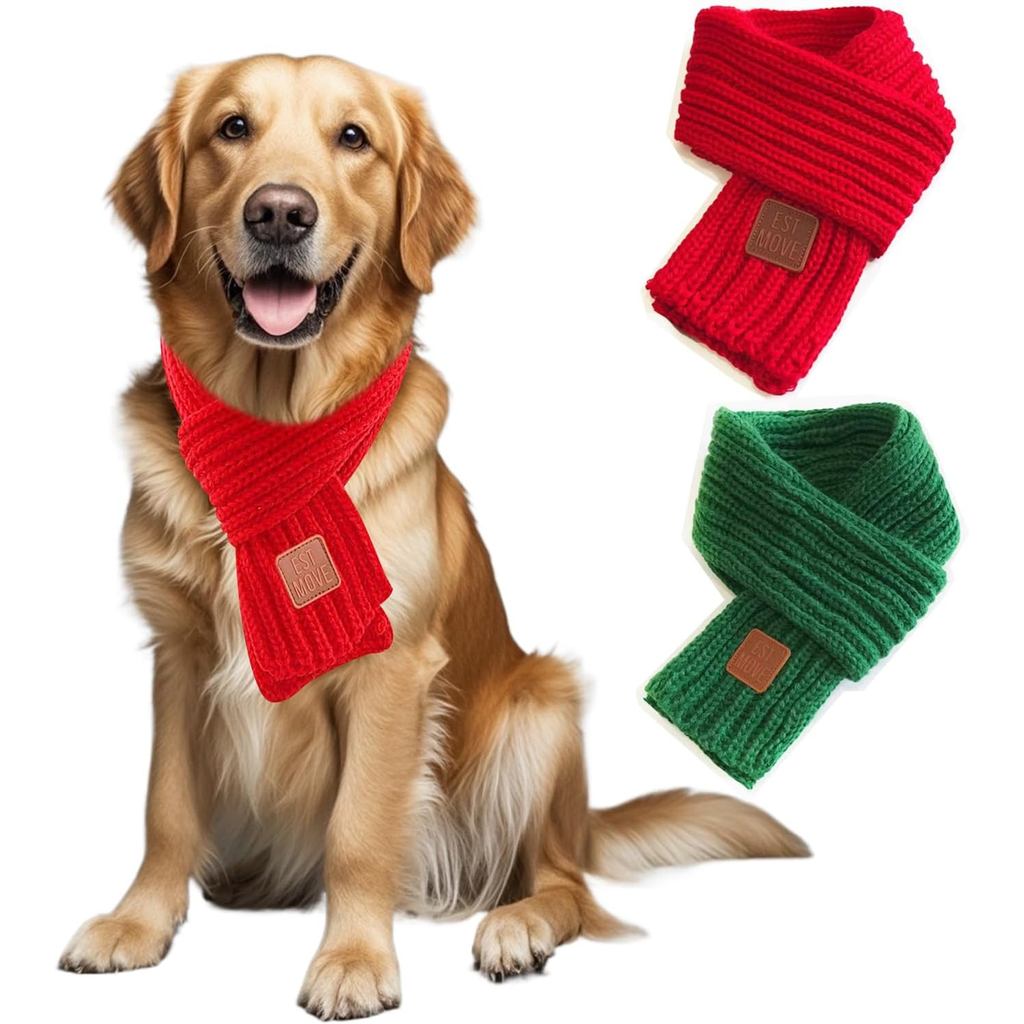 2 Pack Christmas Scarf for Small Medium Large Dogs & Cats - Green Red Warm Knitted Fall Winter Banda