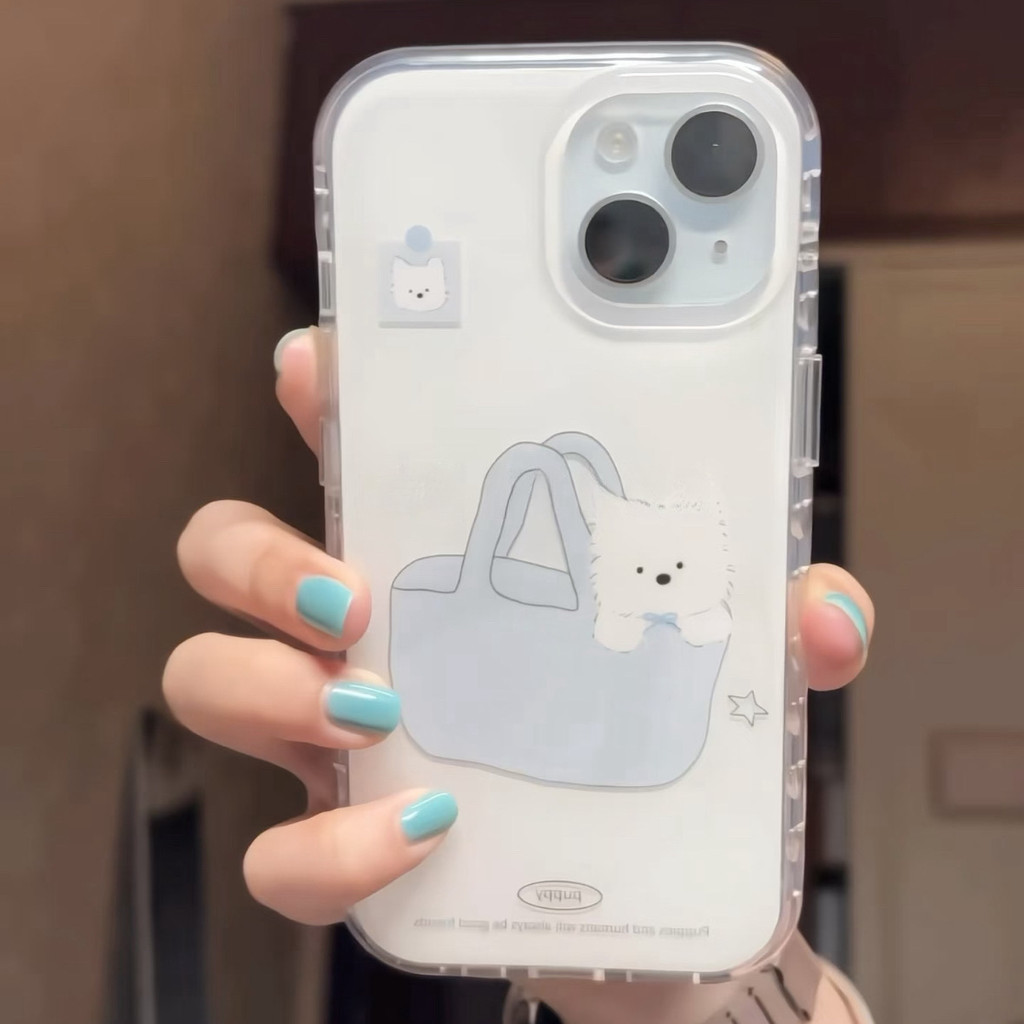 Blue Pocket White Puppy White IMD เคสโทรศัพท์ iPhone ที่ใช้งานได้แอพ iPhone 16 Pro Max/15/17 Pro/14 