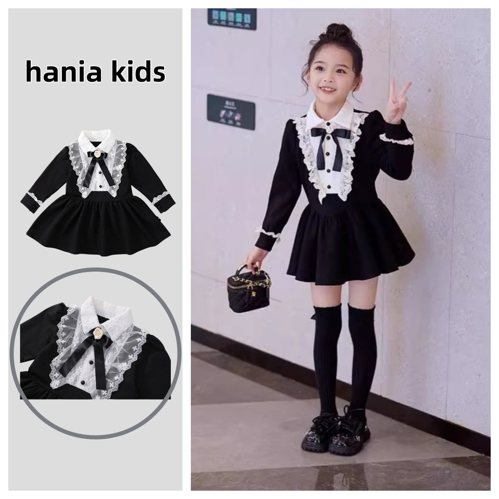 🌸พร้อมส่ง🌸ชุดเดรสเจ้าหญิงแขนยาวสไตล์เกาหลี  เดรสคุณหนูโบว์ดำ คอปกลูกไม้ เฮปเบิร์นมีสไตล์และดูดี