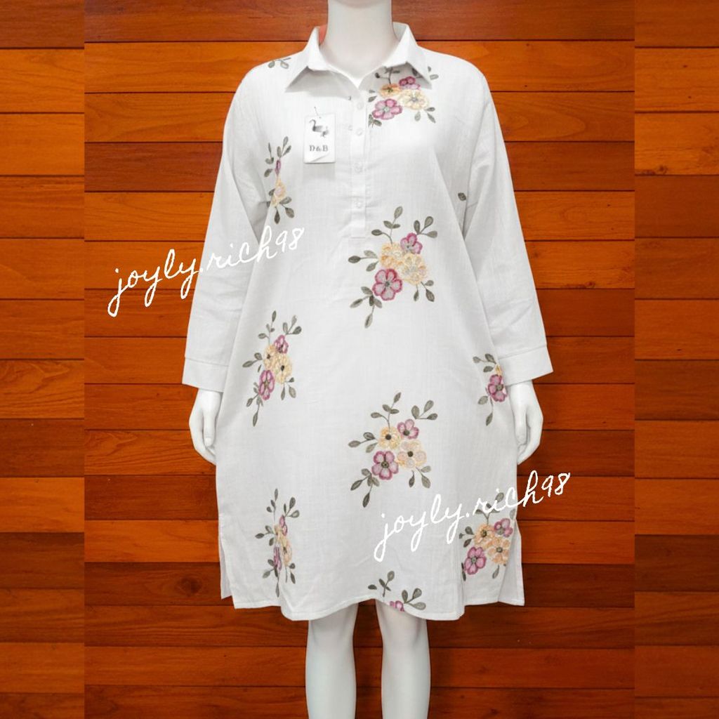 ชุดเดรสคอปกเชิ้ตดีไซด์ทรงสวย ผ้าลินินผสมฝ้ายงานปักใส่สบายมาก ลายดอกสวย