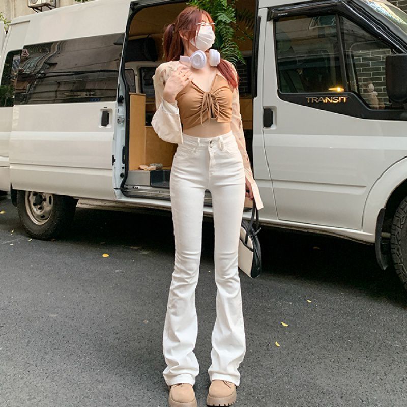 กางเกงยีนส์ขายาว jinn jeans จัดส่งฟรีขายส่งใหม่ปกติบวกกำมะหยี่เอวสูงกางเกงขาบานสาวร้อนสไตล์อเมริกันเ