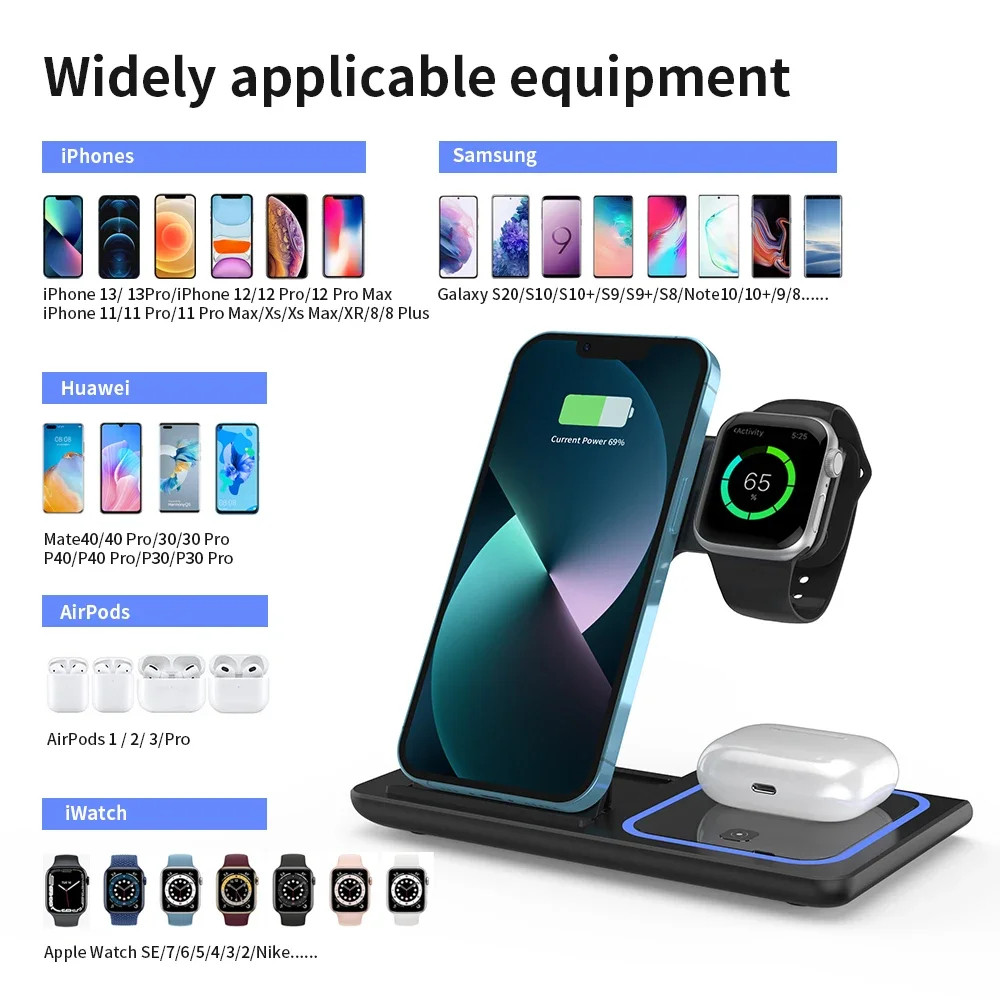 Fast Wireless Charger Stand 3 ใน 1 สถานีชาร์จแบบพับได้สําหรับ iPhone ซีรี่ส์ไอโฟน Apple Watch 9 8 7 6 5 Airpods Pro