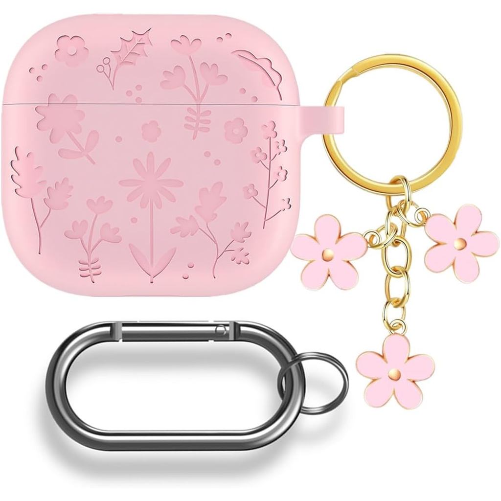 Case for AirPods 4th Generation Cute Case Cover with Keychain, Engraved Flower Soft Silicone Skin Ca