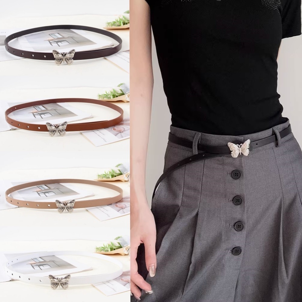 Halo studio พร้อมส่ง🔥เข็มขัดหนัง PU บาง ประดับผีเสื้อ Rhinestone เข็มขัดอเนกประสงค์