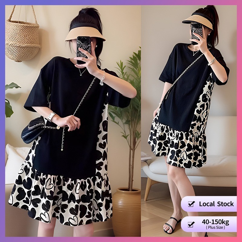 【Oversize Dress】เดรสสไตล์เกาหลีทรงเอ (40-150 กก.) ลายดอกไม้หวาน แขนสั้น ใส่หลวมน่ารัก สำหรับสาวพลัสไซส์