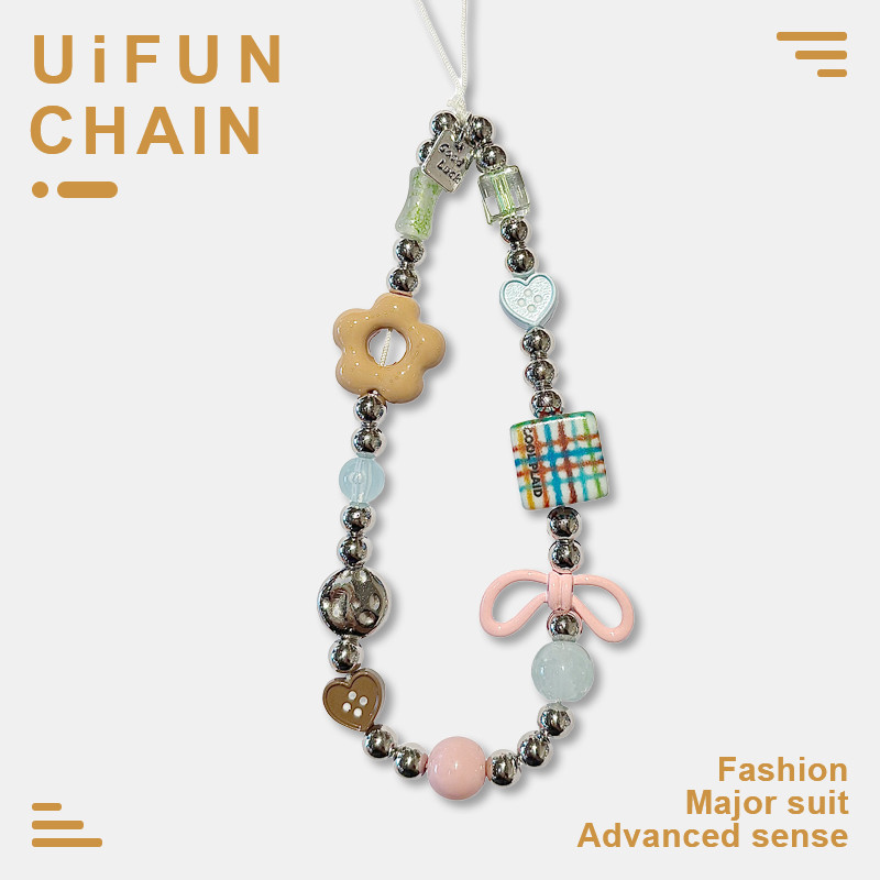 อิน ดอกไม้สีน้ําตาลผีเสื้อปมหัวใจรักปุ่มสากลที่ทําด้วยมือโทรศัพท์มือถือโซ่กล้องจี้ป้องกันการสูญหายสายรัดข้อมือพวงกุญแจกระเป๋าตกแต่งอุ