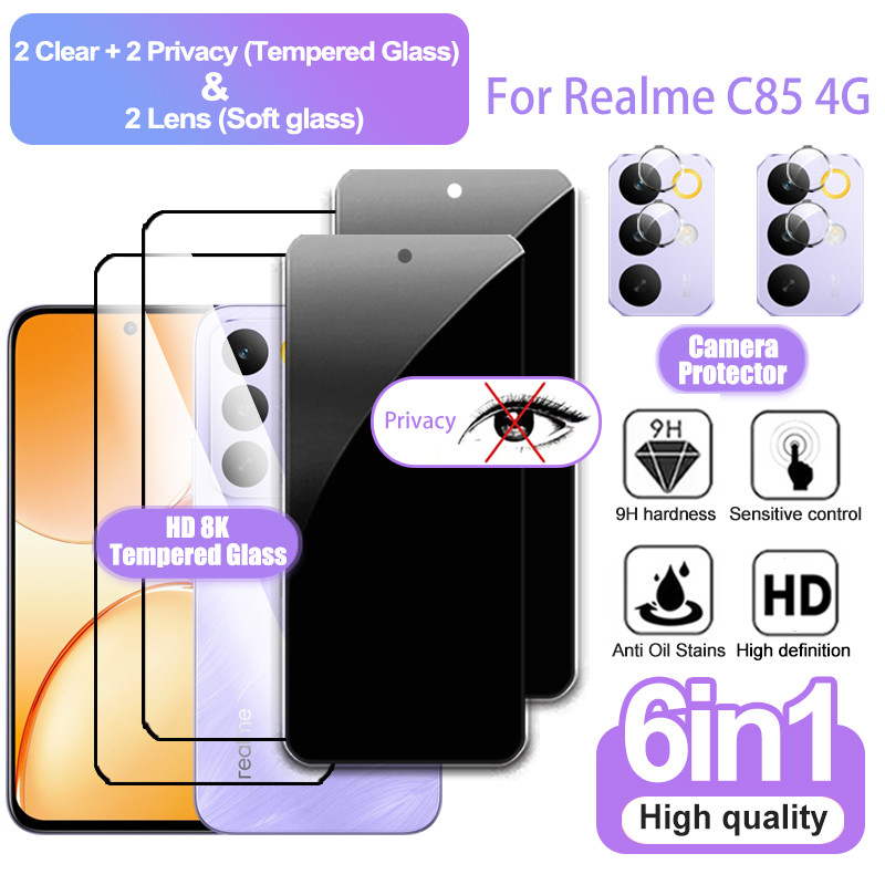 6 IN 1 ฟิล์มกระจกนิรภัย Realme C85 ฟิล์มความเป็นส่วนตัว & ฟิล์มใส สำหรับ Realme C85 Pro C75 C75X C73