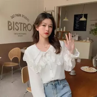 Red Berryเสื้อเชิ้ตแขนยาวลำลองฤดูใบไม้ร่วง ทรงหลวม สไตล์นักเรียน พร้อมผ้าคลุมขอบลูกไม้W685