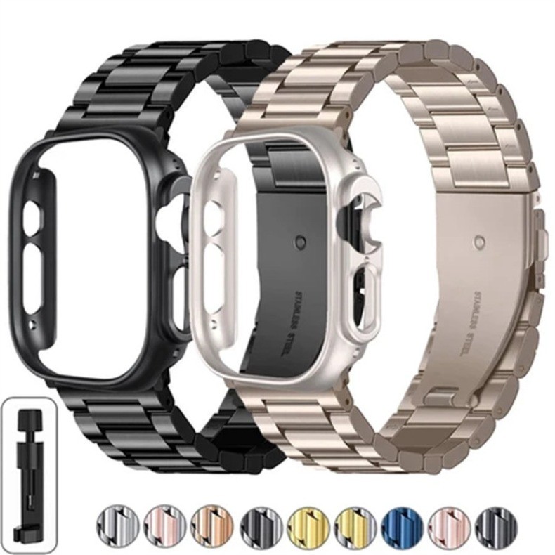 เคส พีซี + สายโลหะสแตนเลสสําหรับ แอปเปิล ดู 46 มม. 42 มม. 44 มม. 45 มม. 41 มม. 40 มม. ล สายสแตนเลส ชุด 11 10 9 8 7 6 กับ 5 4