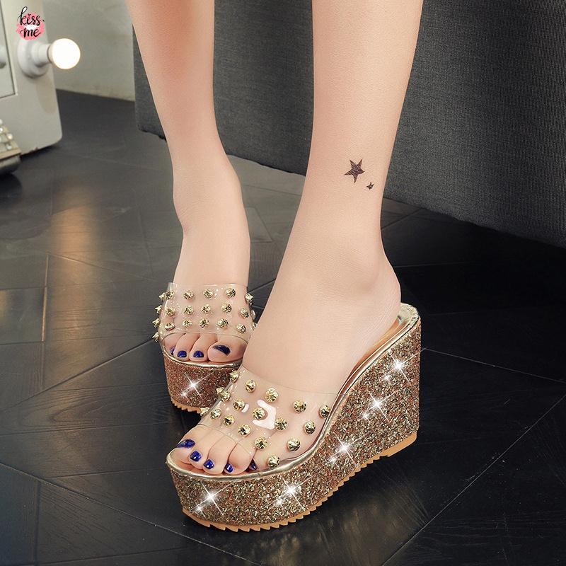 HA3 READY STOCKwomen Rhinestone Platform Sandals Summer Wedge High Heels