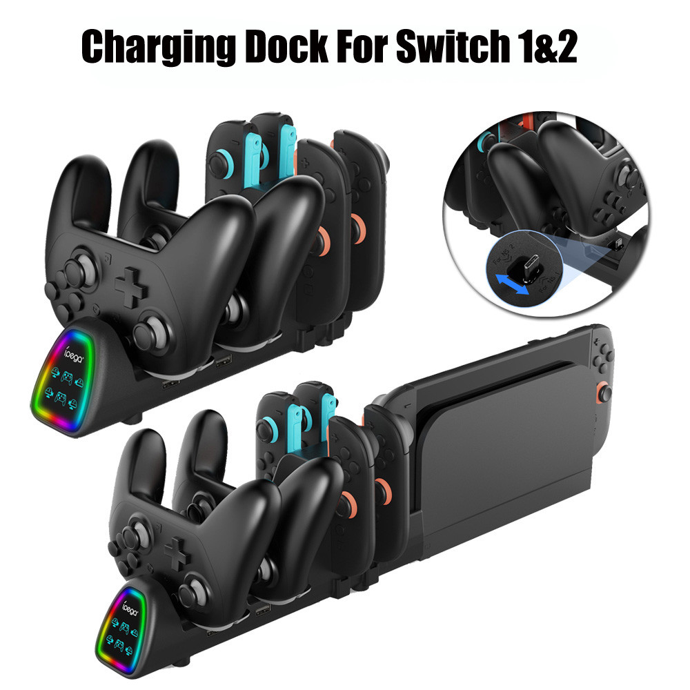 แท่นชาร์จอย่างรวดเร็วสําหรับคอนโซล Nintendo Switch 1&2 และ 4 Joycon & 2 Switch Pro & TV Dock แท่นชาร์จพร้อมการชาร์จแม่เหล็ก,เอฟเฟกต์แสง RGB
