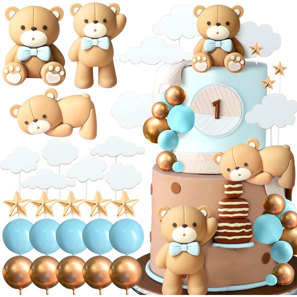 JeVenis Luxury Blue Bear ตกแต่งเค้ก Blue Gold Balls เค้ก Topper Baby Shower เค้กวันเกิดตกแต่ง