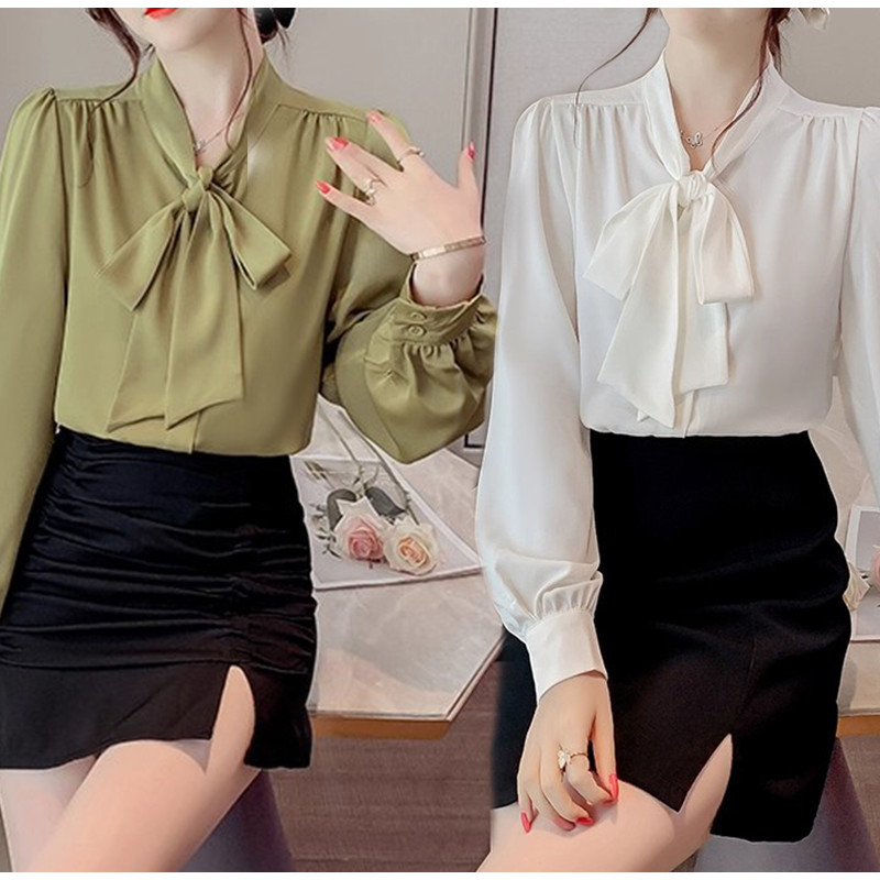 99248 เสื้อเชิ้ตผู้หญิงดีไซน์โบว์สุดเก๋ เหมาะสำหรับสวมใส่ในฤดูใบไม้ร่วง