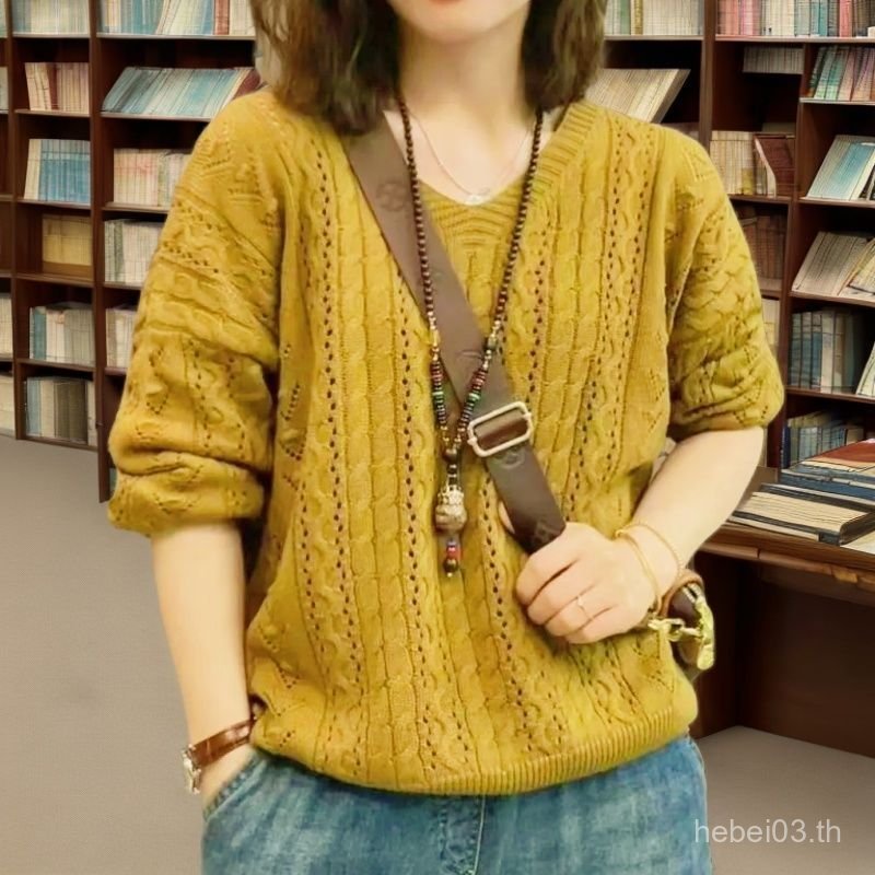 เสื้อไหมพรมไซส์ใหญ่สไตล์เกาหลี Mint Mambo Dopamine Hollow แบบบางเบา