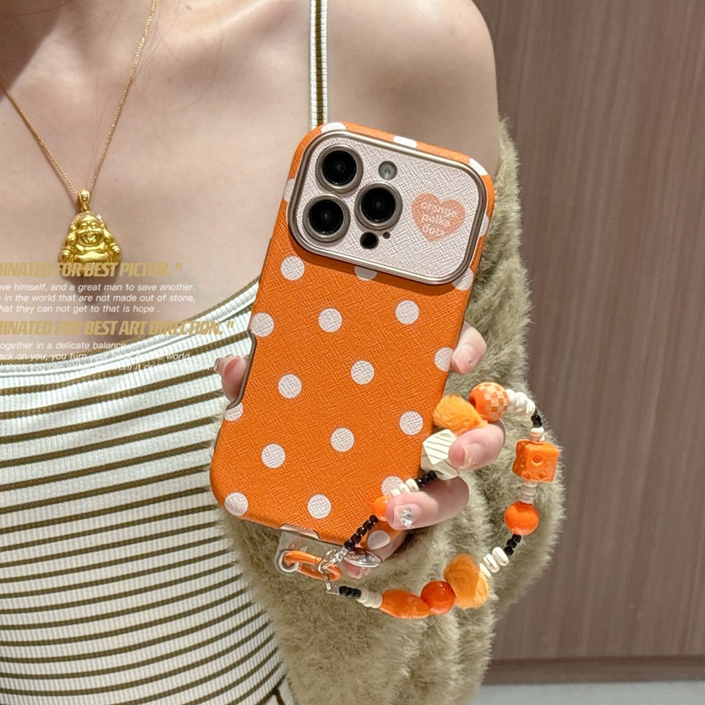 หน้าต่างลายจุดสีส้มเหมาะสําหรับ แอปเปิล 17มือโปร เคสโทรศัพท์หนัง ไอโฟน 16/15/14 เชือกแขวนป้องกันการหล่น
