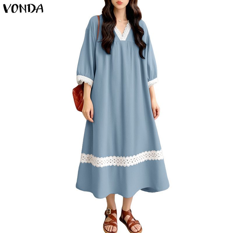 VONDA ผู้หญิงเกาหลีลําลองคอวีลูกไม้แขนพองหลวม A-Line ชุดเดรสยาวหลวม