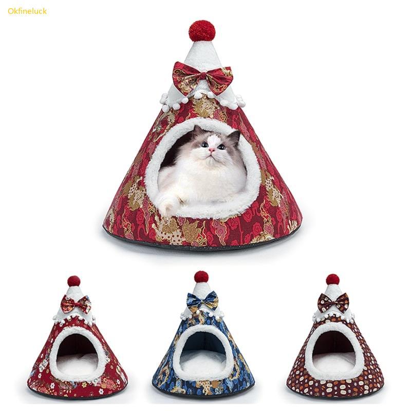 OKFI Cat Bed Santa Hat Cats Puppy Warm Bed Kave House เบาะถอดได้