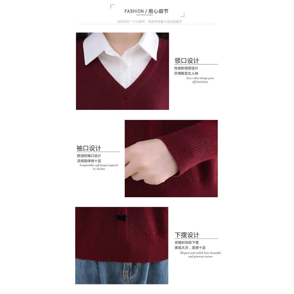 เสื้อยืดถักแขนยาวผู้หญิงเสื้อกันหนาวหลวมปลอมสองชิ้นเสื้อคอเกาหลีสําหรับการเดินทางที่เรียบง่ายเสื้อท็อป - รูปที่ 7