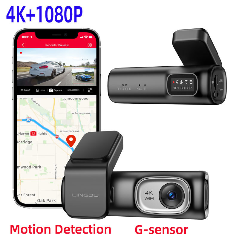 LINGDU เครื่องบันทึกการขับขี่ D600 เครื่องบันทึกเลนส์คู่ด้านหน้าด้านหลัง 4K HD เครื่องบันทึกการตรวจจ