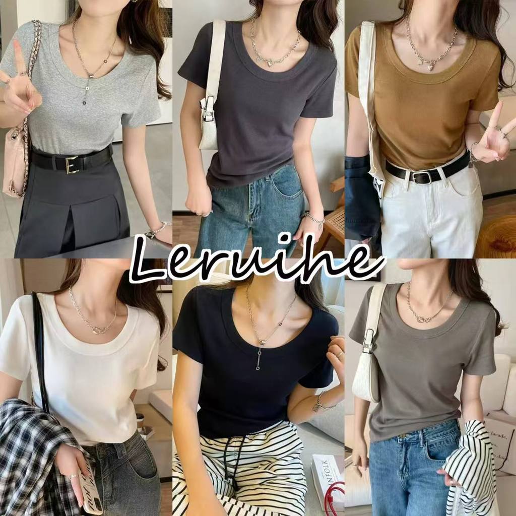 M-4XL ของแท้ไหล่เสื้อยืดผู้หญิงแขนสั้นฤดูร้อนสีทึบคอขนาดใหญ่ u-คอเกลียวขนาดใหญ่ Bottoming เสื้อ 1POH