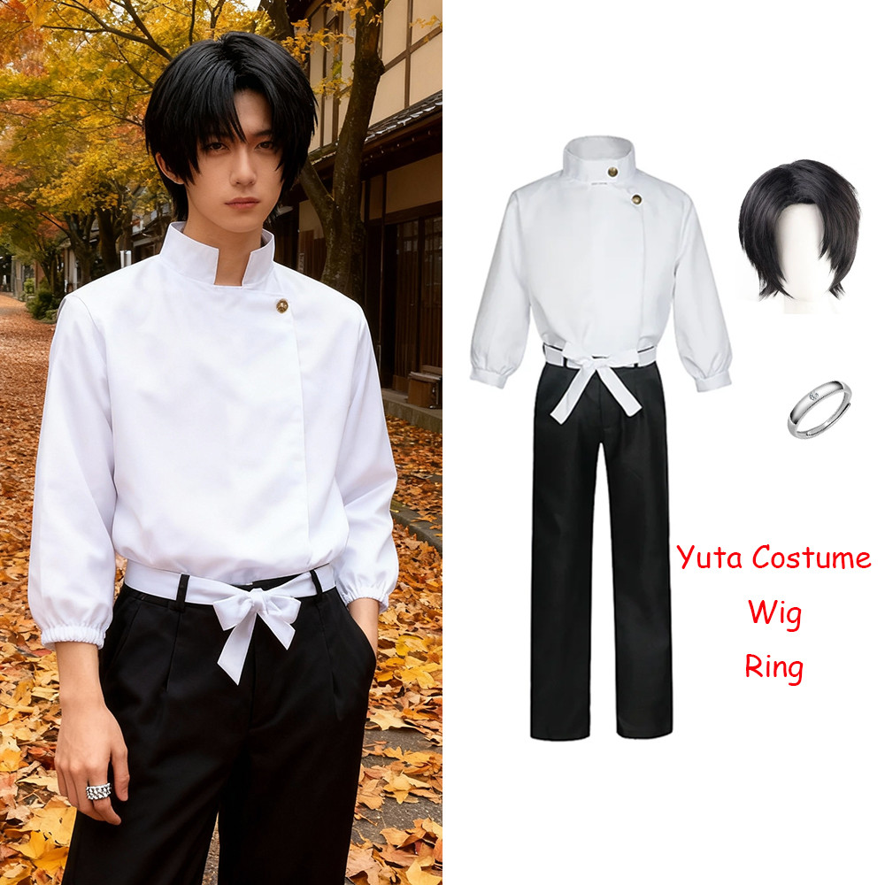 คอสเพลย์ Jujutsu Kaisen Yuta Okkotsu สำหรับผู้ใหญ่ผู้ชาย มาพร้อมเสื้อยืดสีขาว, กางเกง, และวิกผม