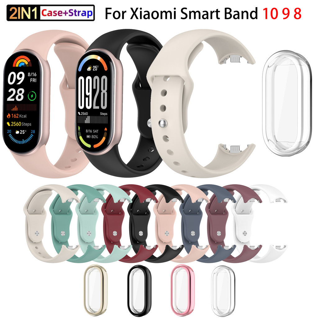 สําหรับ Xiaomi Smart Band 10 9 8 NFC สายซิลิโคน + TPU สําหรับ Mi Band 10 9 8 สายนาฬิกาสายนาฬิกา 2 in 1 Sport Band Soft Plated Shiny Slim Full Cover