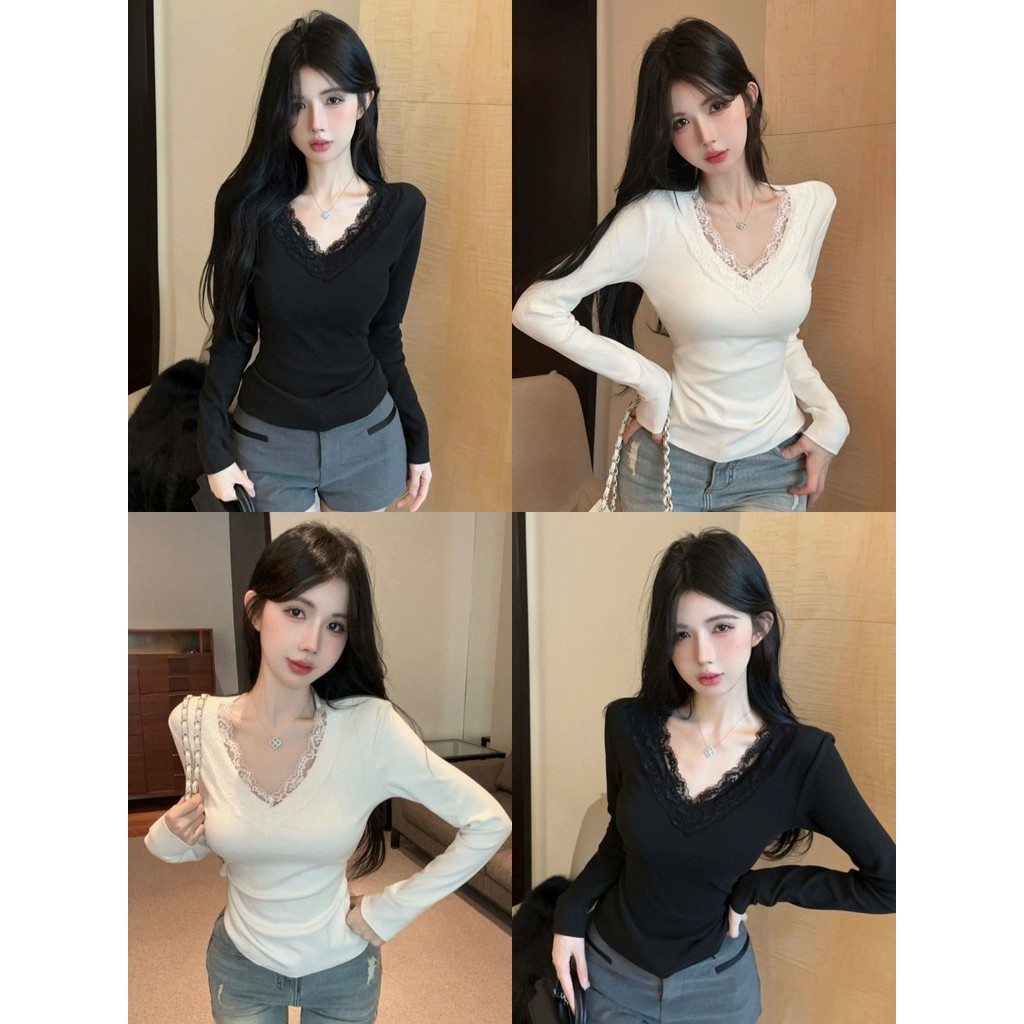 Bonnie เสื้อแขนยาว ดีเทลแต่งลูกไม้สีขาวดำ เข้ารูป คอวี เสริมฟองน้ำ เสื้อยืด สไตล์เกาหลี แฟชั่น ผู้หญิง