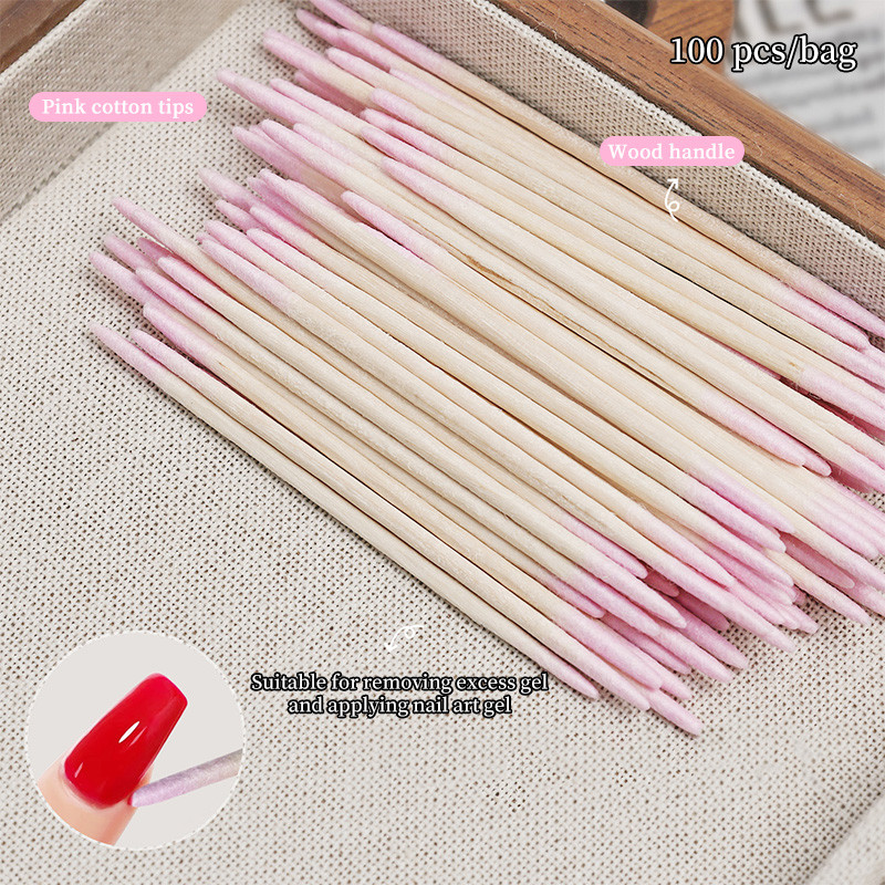 100 ชิ้น Double-headed Fine Cotton Swab ไม้ชี้ Tip Cotton Swabs สําหรับเล็บ Touch Up ทิ้งแต่งหน้า Applicators